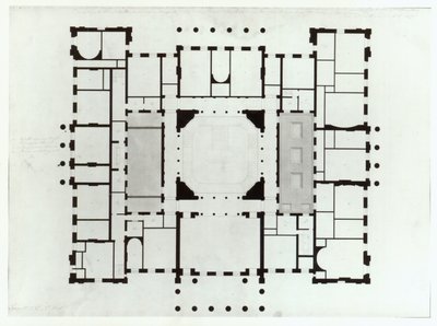 1815年の中二階の平面図（ペンと黒のインク、灰色のウォッシュ） 作： Benjamin Dean Wyatt